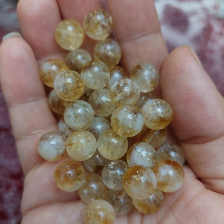 مهره سنگ سیترین برزیلی لکه برفی سایز 10 سنگ اصل سوراخ دار گوی