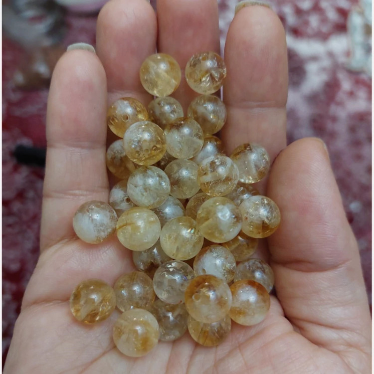 مهره سنگ سیترین برزیلی لکه برفی سایز 10 سنگ اصل سوراخ دار گوی