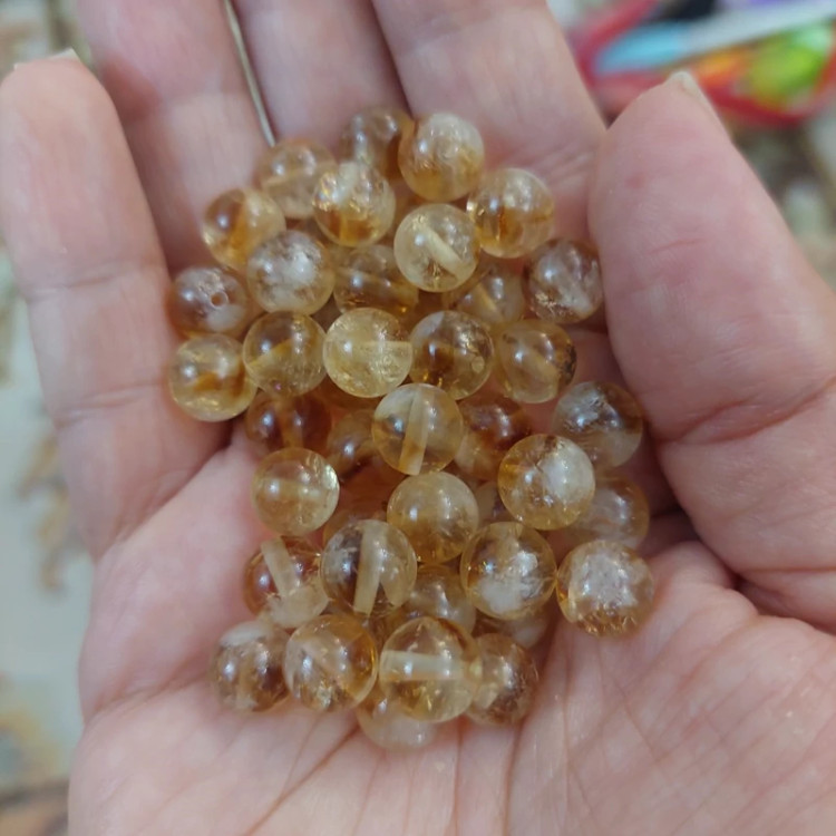 مهره سنگ سیترین برزیلی لکه برفی سایز 8 درجه یک طبیعی گوی اصل سوراخ دار