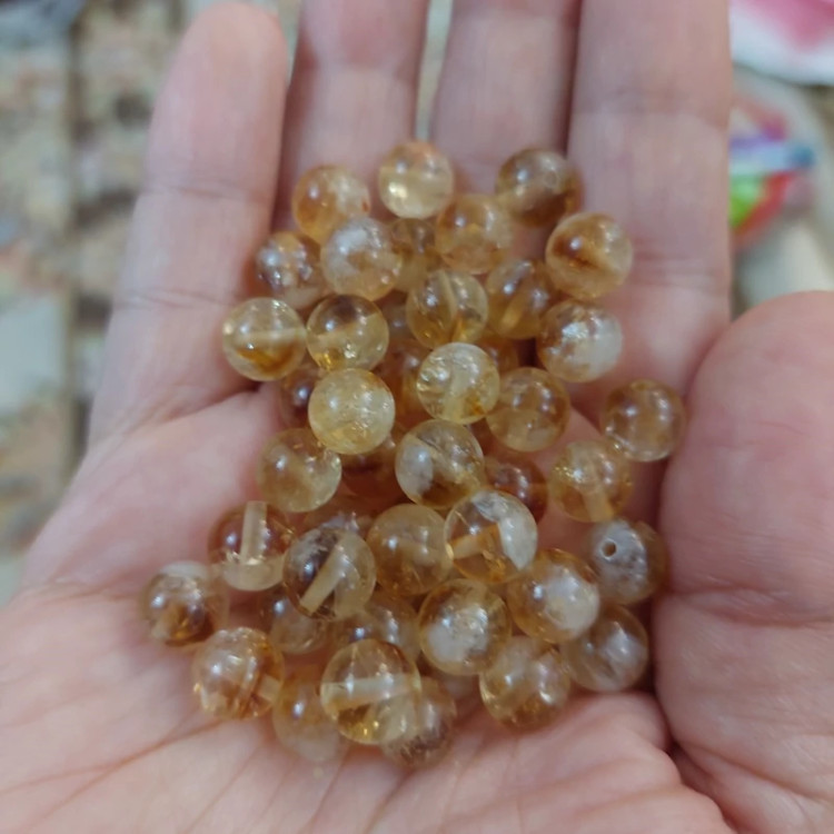 مهره سنگ سیترین برزیلی لکه برفی سایز 8 درجه یک طبیعی گوی اصل سوراخ دار