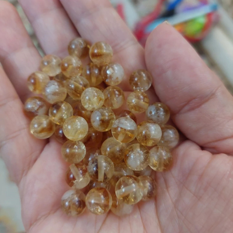 مهره سنگ سیترین برزیلی لکه برفی سایز 8 درجه یک طبیعی گوی اصل سوراخ دار