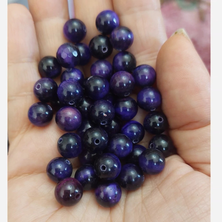 مهره سنگ چشم ببر بنفش وارداتی سایز 8 سوراخ دار سنگ اصل طبیعی درجه یک