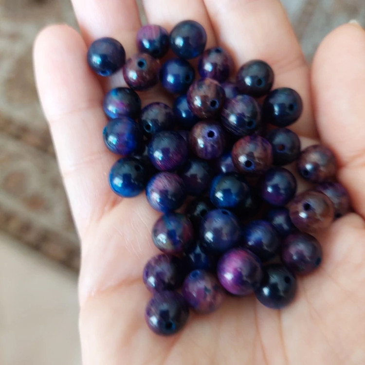مهره سنگ چشم ببر بنفش وارداتی سایز 8 سوراخ دار سنگ اصل طبیعی درجه یک