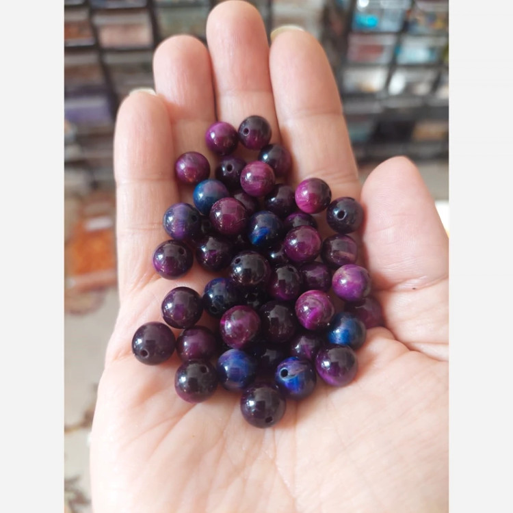 مهره سنگ چشم ببر بنفش وارداتی سایز 8 سوراخ دار سنگ اصل طبیعی درجه یک