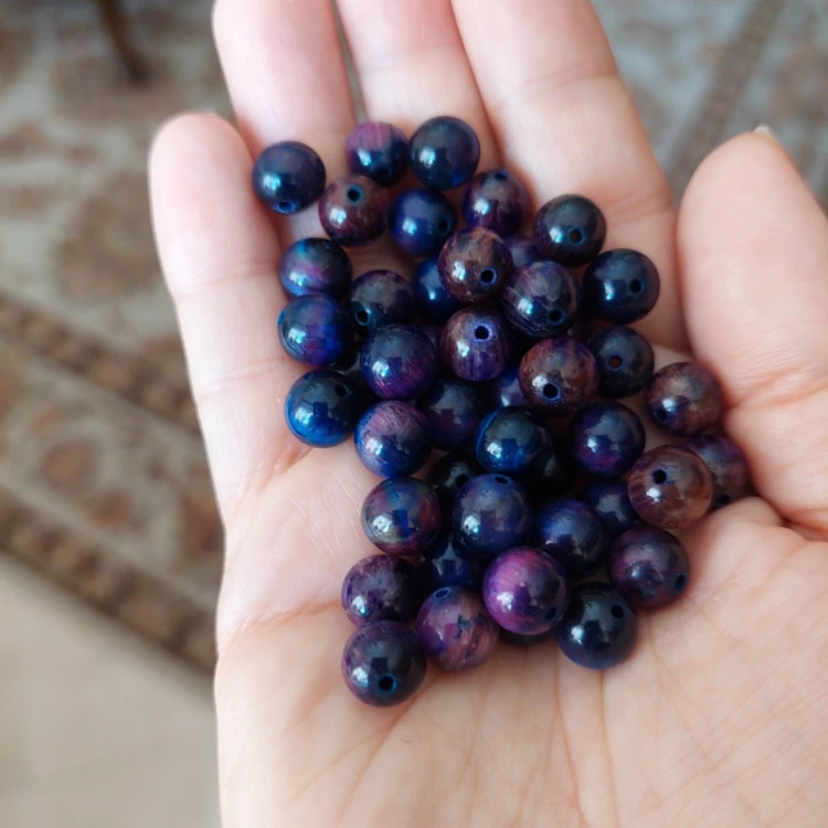 مهره سنگ چشم ببر بنفش وارداتی سایز 8 سوراخ دار سنگ اصل طبیعی درجه یک