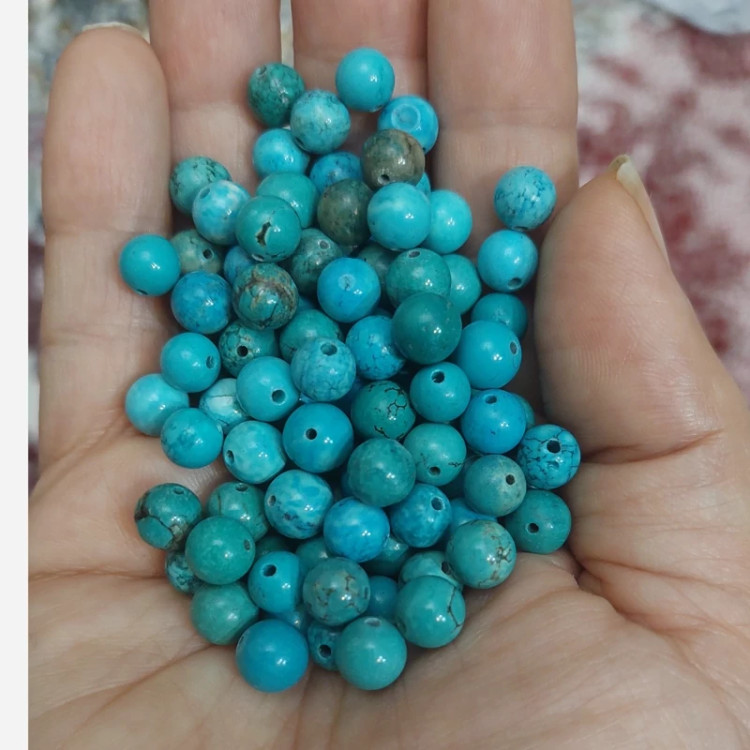 مهره سنگ فیروزه مصری آبی سایز 6 سوراخ دار سنگ اصل طبیعی درجه یک گوی