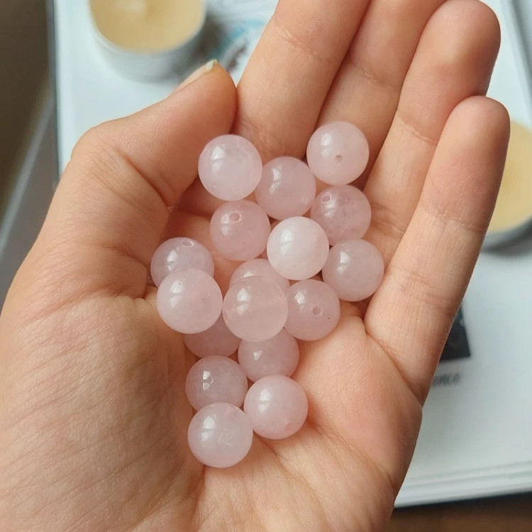 مهره سنگ رزکوارتز برزیلی سوراخ دار سایز 10 گوی سنگ اصل سنگ