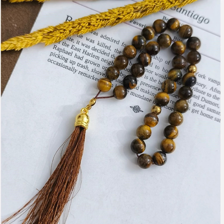 تسبیح سنگ چشم ببر 33 دانه سنگ اصل طبیعی سایز 8 طبیعی