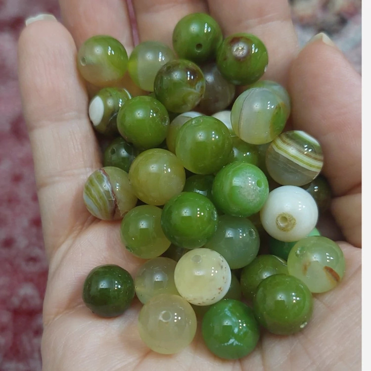 مهره سنگ عقیق سلیمانی سبز روشن سه بعدی سایز 10 سوراخ دار سنگ اصل طبیعی