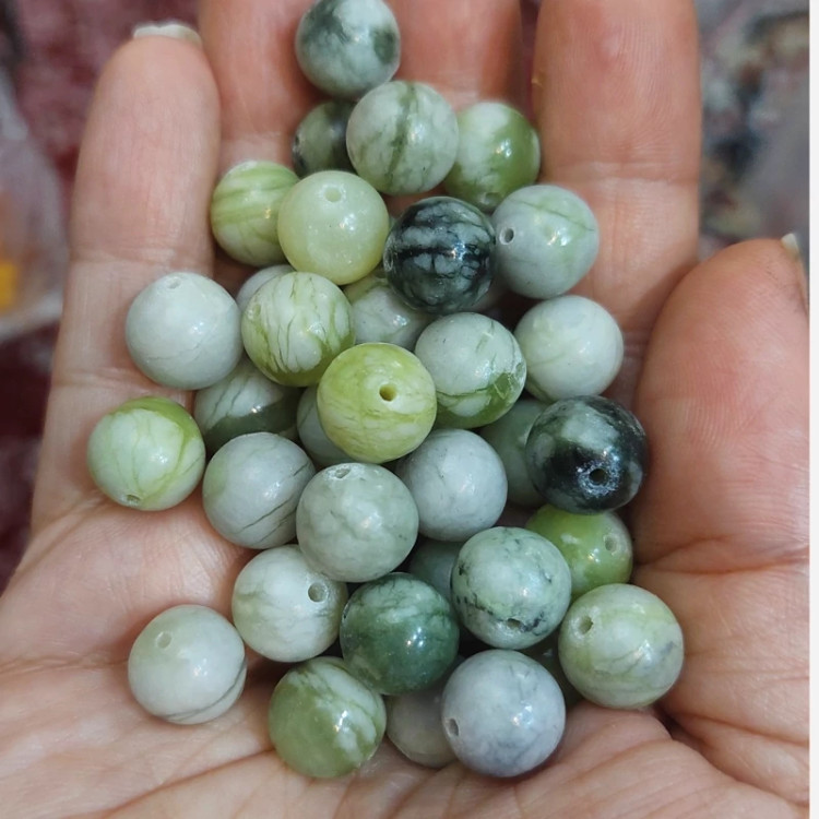 مهره سنگ یشم سرپانتین سایز 10 سنگ اصل طبیعی سوراخ دار