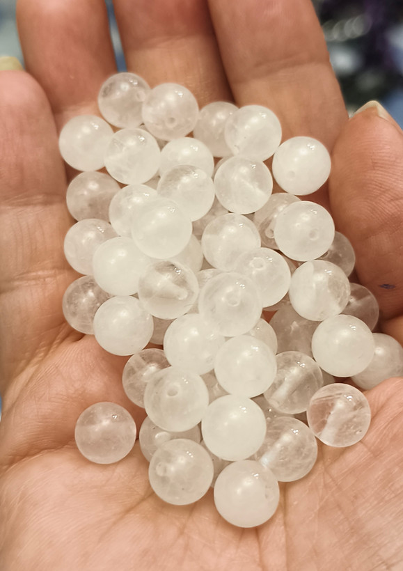 مهره سنگ کریستال کوارتز شیری سایز ۸کوارتز یخی سوراخ دار اصل معدنی