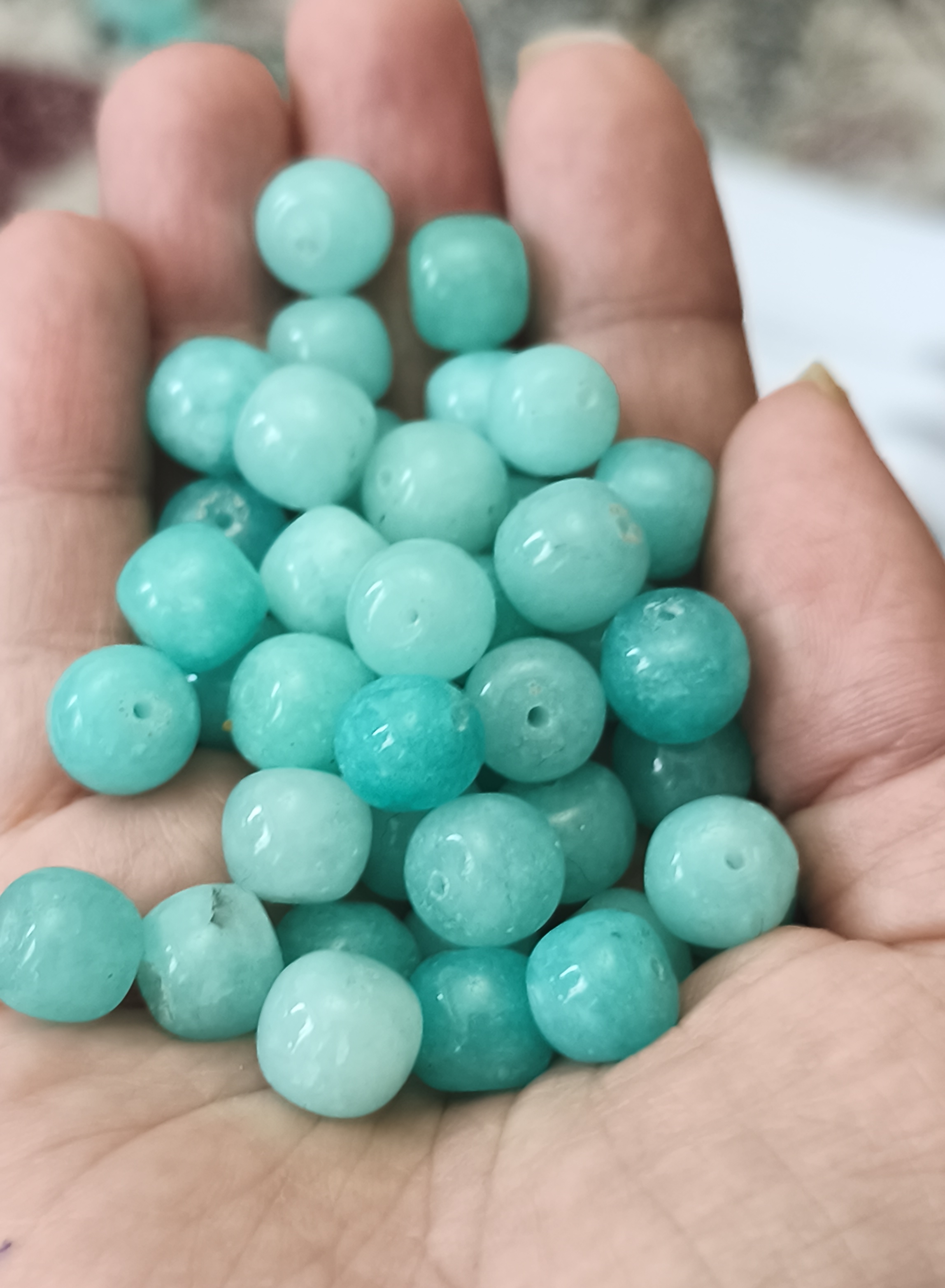مهره سنگ جید آبی طرح آمازونیت تراش کسمه سایز 10 سوراخ دار سنگ اصل طبیعی