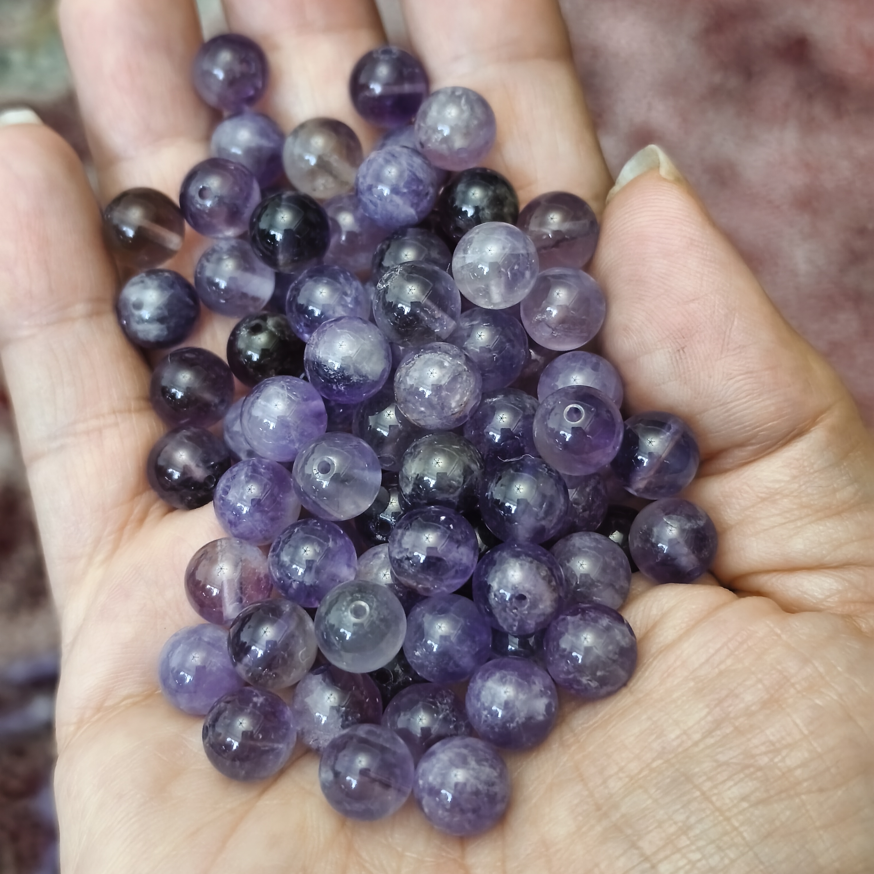 مهره سنگ آمیتیست روشن برزیلی 8میل اصل معدنی سوراخ دار