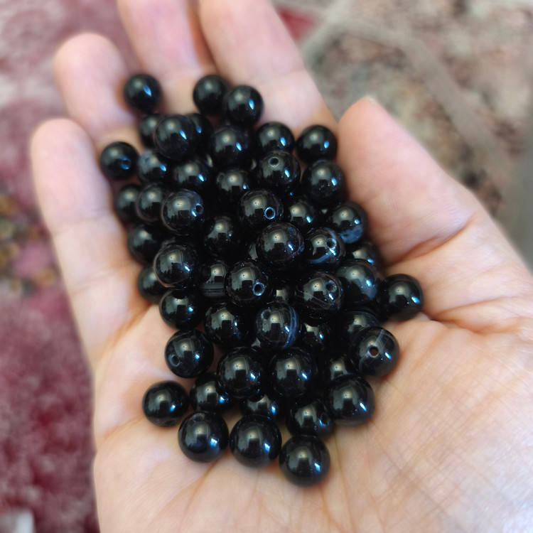مهره سنگ عقیق سیاه سایز 8 گوی سنگ عقیق سیاه سوراخ دار سنگ طبیعی اصل