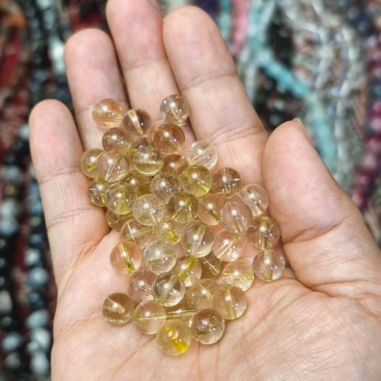 مهره سنگ لمون کوارتز یا کوارتز لیموییبین7و ۸میل اصل معدنی سوراخ دار