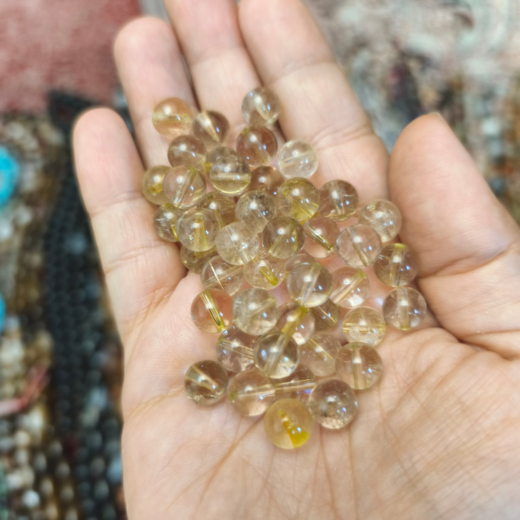 مهره سنگ لمون کوارتز یا کوارتز لیموییبین7و ۸میل اصل معدنی سوراخ دار