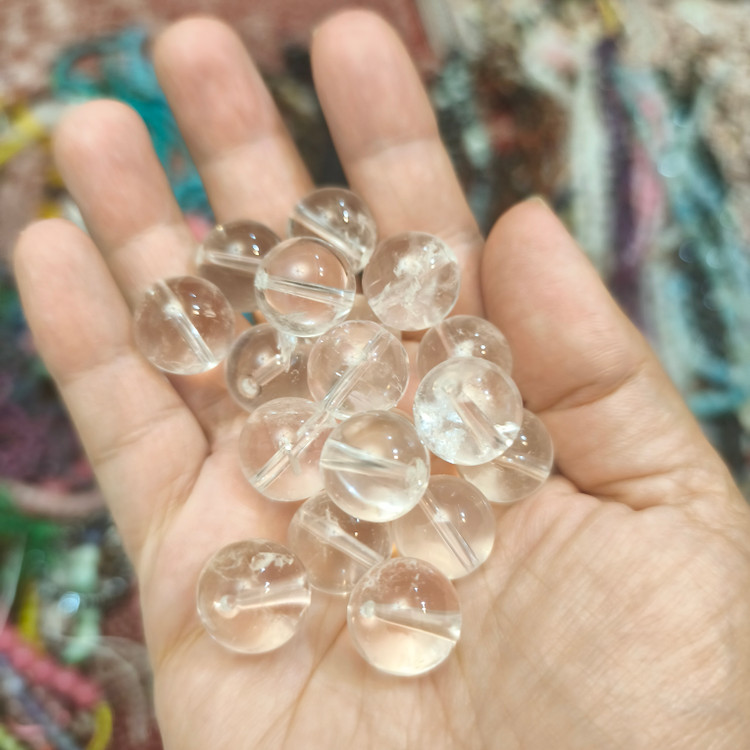 مهره کریستال کوارتز شفاف ۱۴میل اصل معدنی سوراخ دار
