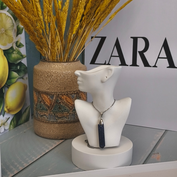 گردنبند سنگ لاجورد افغان مدادی با زنجیر استیل مدال اصل معدنی