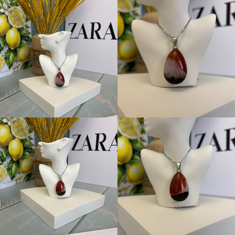 گردنبند سنگ عقیق کارنلین اشکی توپر سنگ اصل با زنجیر استیل مدال