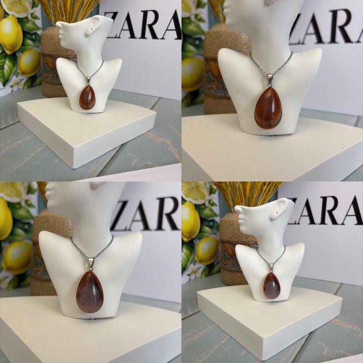 گردنبند سنگ عقیق کارنلین اشکی توپر سنگ اصل با زنجیر استیل مدال
