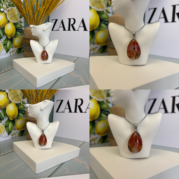 گردنبند سنگ عقیق کارنلین اشکی توپر سنگ اصل با زنجیر استیل مدال