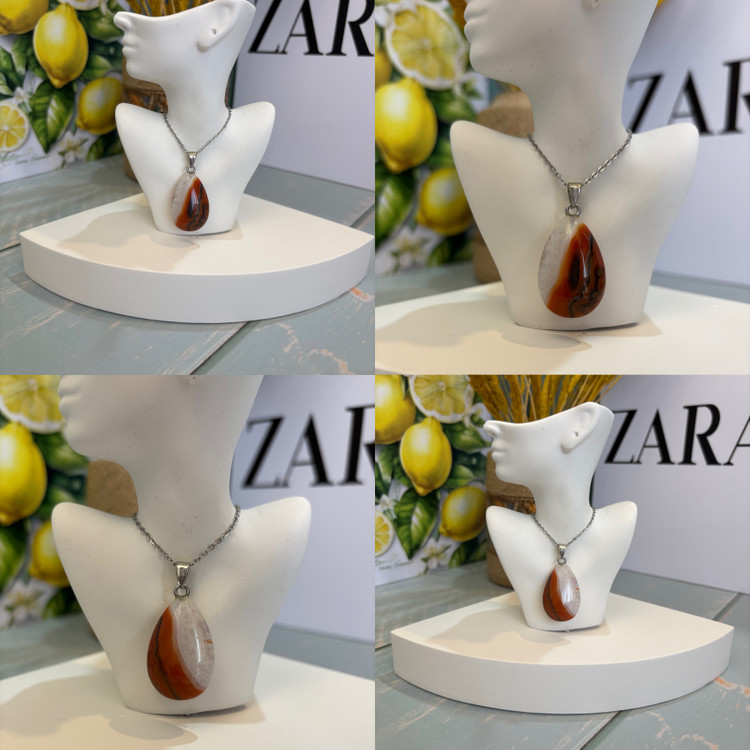گردنبند سنگ عقیق کارنلین اشکی توپر سنگ اصل با زنجیر استیل مدال
