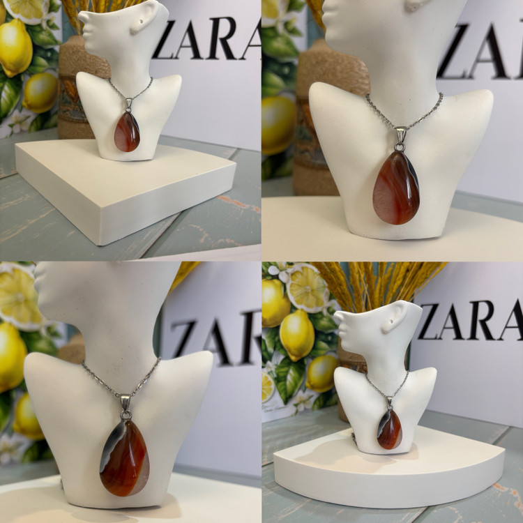 گردنبند سنگ عقیق کارنلین اشکی توپر سنگ اصل با زنجیر استیل مدال