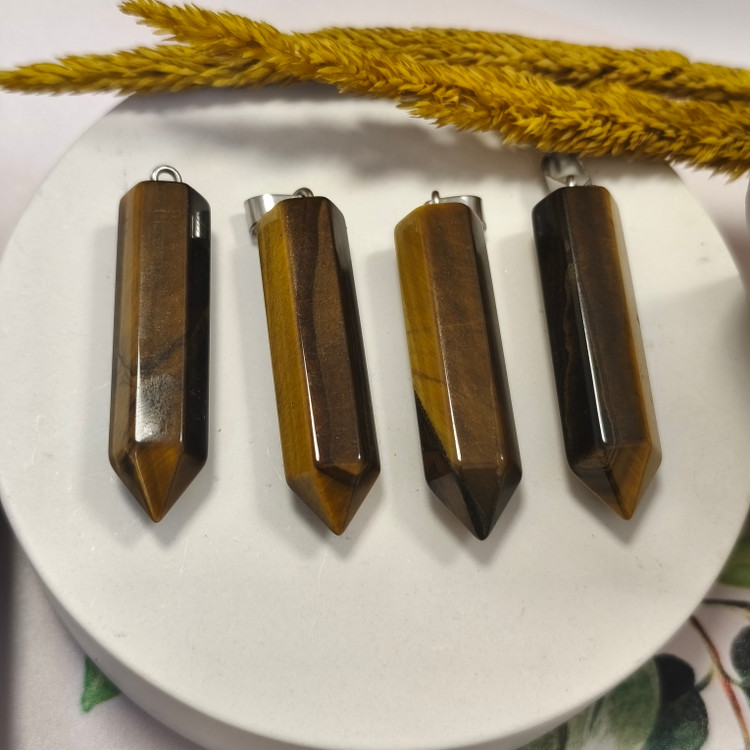 گردنبند سنگ چشم ببر منشوری اصل معدنی با زنجیر استیل
