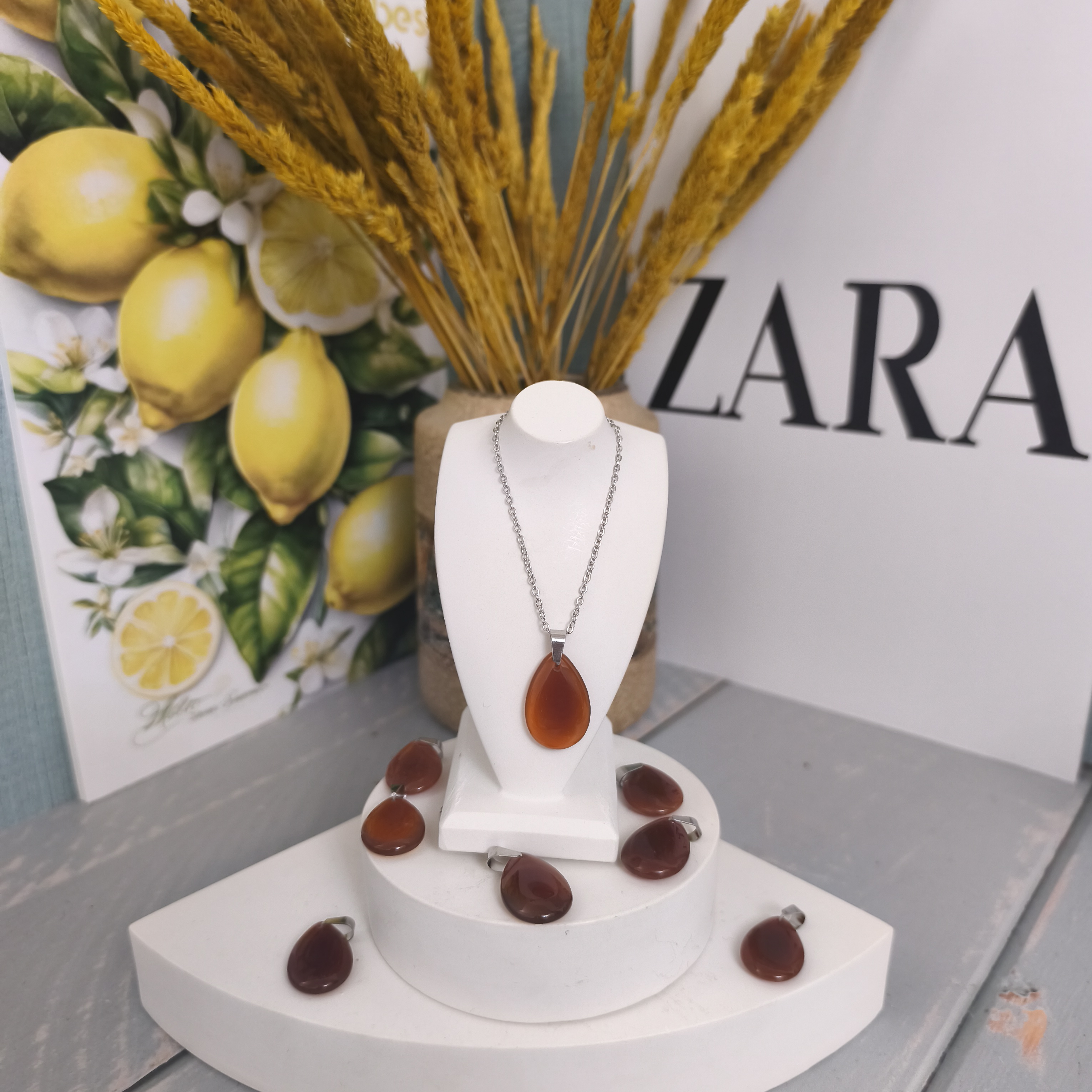 گردنبند سنگ عقیق کارنلین بیضی با زنجیر استیل سنگ اصل معدنی
